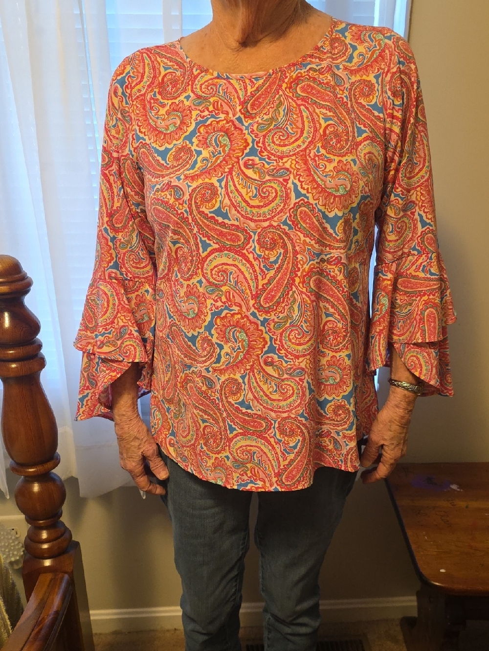 Belle by Kim Gravel Coral Paisley Ruffle-Sleeve Blouse